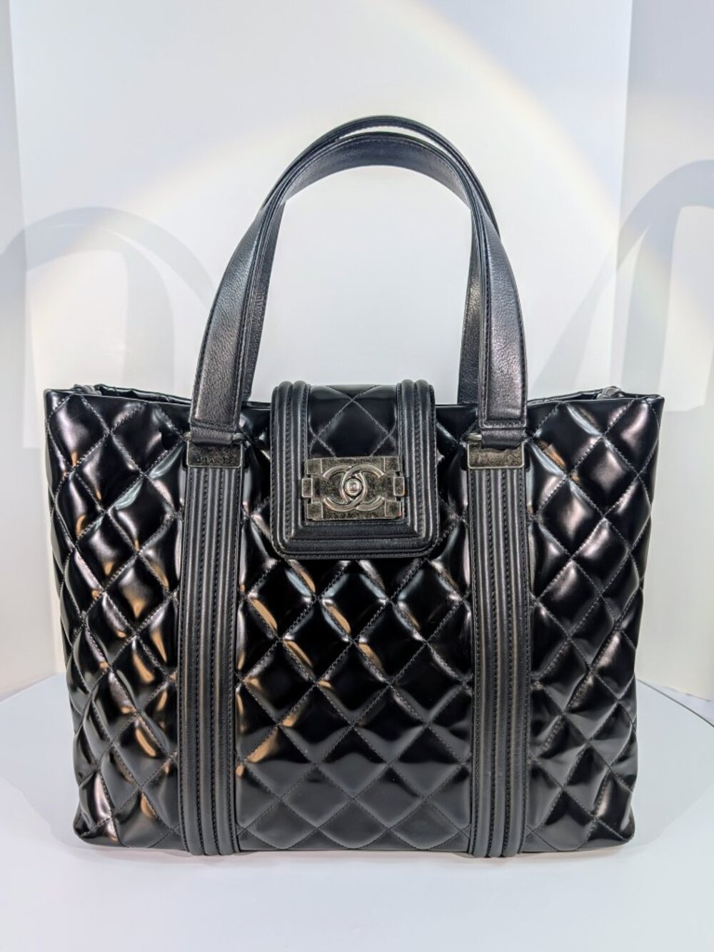 Chanel Black Glazed Leather Boy Tote Bag